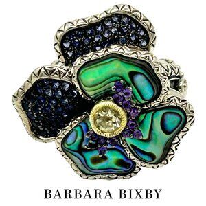 Barbara Bixby Sterling Silver & 18K Abalone and Gemstone Pansy Ring Size 7.5